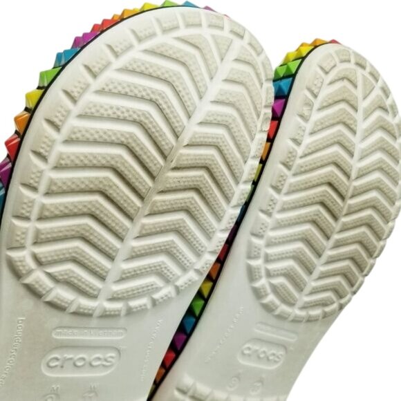 White Crocs Classic Clogs Rainbow Pyramid Studs Along Soles Unisex Size W11/M9 - Picture 7 of 15
